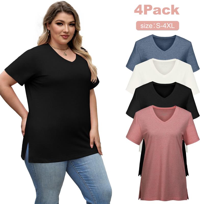 Lunimo Women’s V-Neck T-Shirt 4-Pack – Soft, Casual Fit with Curved Hem