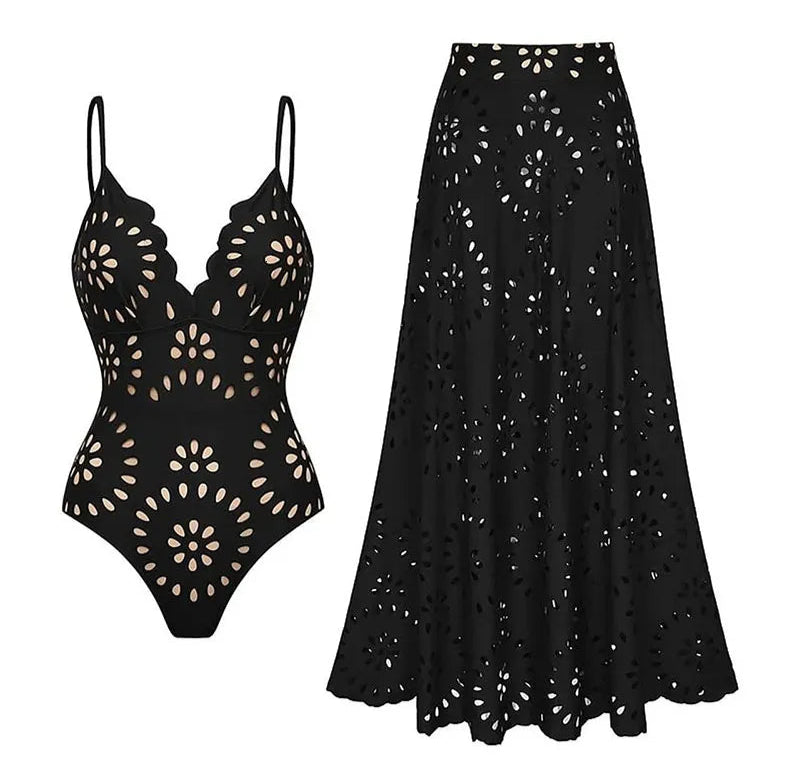 Lunimo® Flower Hollow One Piece Swimsuit and Skirt