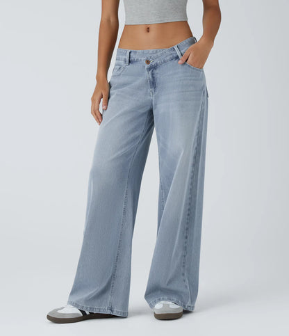 Lunimo™ Asymmetric Low Rise Button Zipper Multiple Pockets Baggy Wide Leg Washed Stretchy Knit Casual Jeans