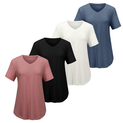 Lunimo Women’s V-Neck T-Shirt 4-Pack – Soft, Casual Fit with Curved Hem