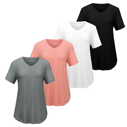 Lunimo Women’s V-Neck T-Shirt 4-Pack – Soft, Casual Fit with Curved Hem