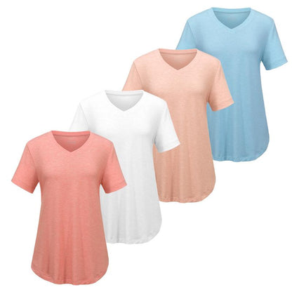 Lunimo Women’s V-Neck T-Shirt 4-Pack – Soft, Casual Fit with Curved Hem