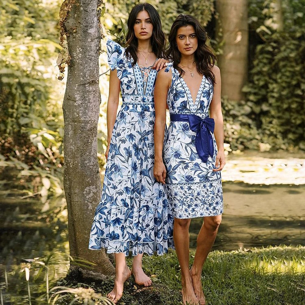 Lunimo® V Neck Lace Up Strip Plant Prints One Piece Swimsuit and Skirt/Sarong