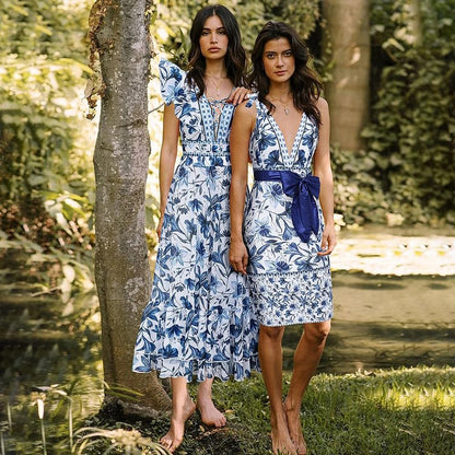 Lunimo® V Neck Lace Up Strip Plant Prints One Piece Swimsuit and Skirt/Sarong