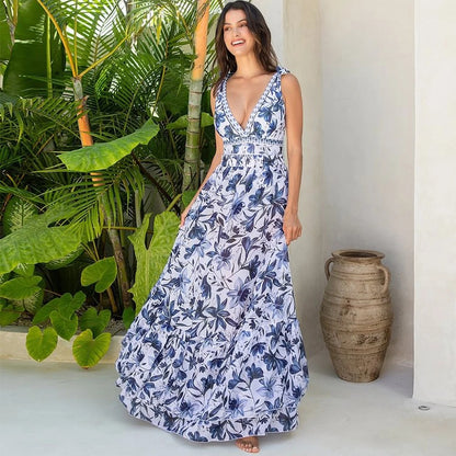 Lunimo® V Neck Lace Up Strip Plant Prints One Piece Swimsuit and Skirt/Sarong